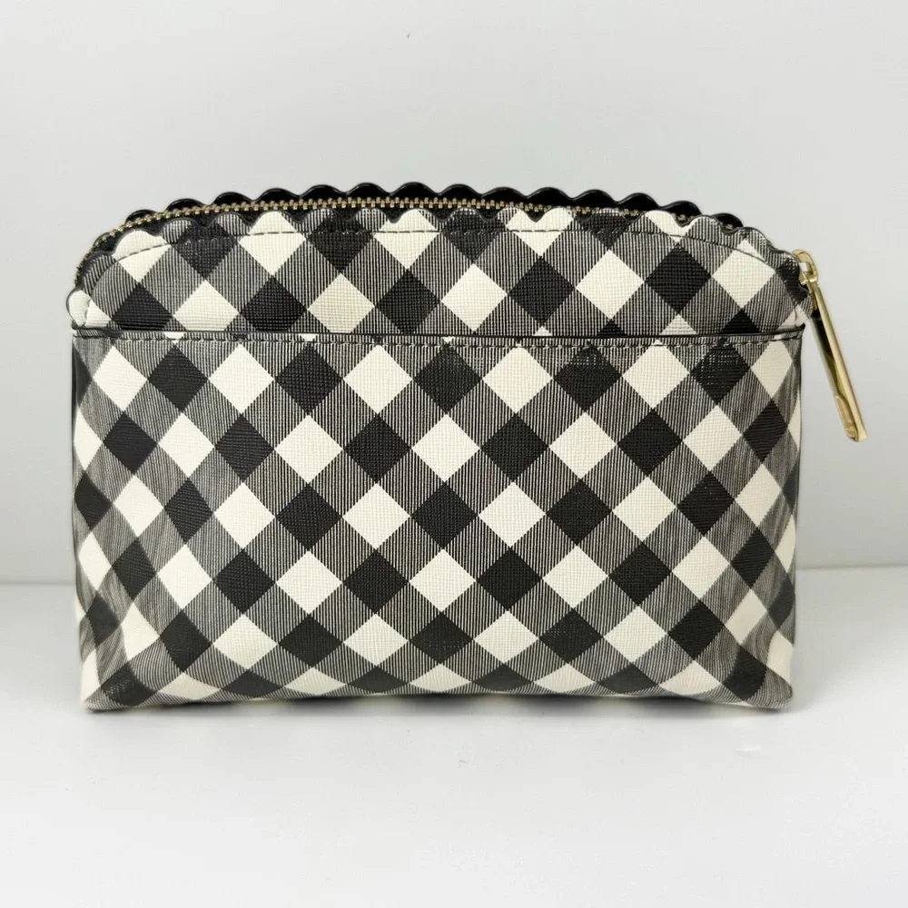 Talbots Cosmetic Makeup Bag Womens Black Cream Gingham Scallop Zipper Travel